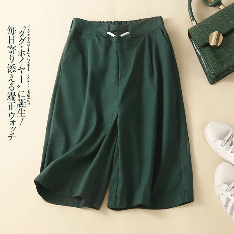 

Limiguyue High Waist Casual Pants Cotton Linen All Match Loose Summer Knee Length Shorts Wide Legs Drawstring Elastic Waist U351