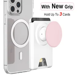 Universal Magnetic Card Holder with Silicone Griptok and Pop Solid Wallet Slot (White Pink)