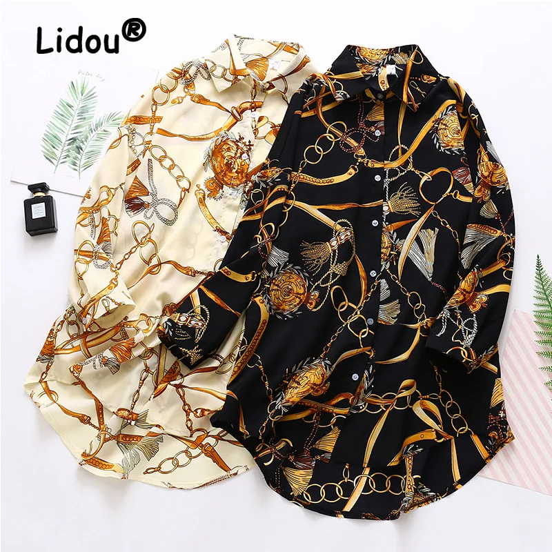 Women Chiffon Lapel Long Sleeve Shirt Office Lady Temperament Fashion Chain Printing Blouse Spring Single Breasted Loose Top