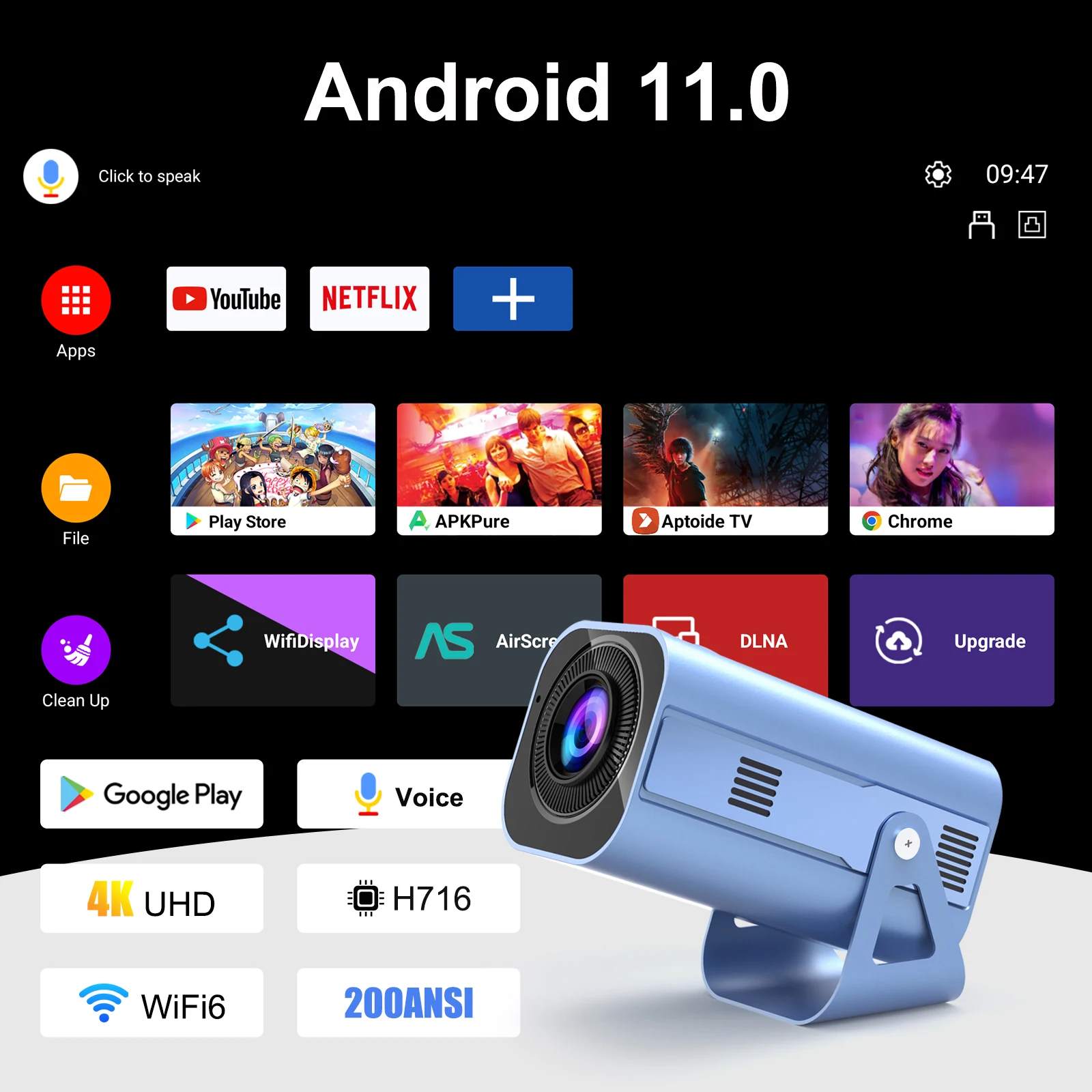 H96 MAX B11 Portable Android 11 Smart Projector 720P Resolution 4K Video Decoding 200ANSI BT5.0 Wifi6 180&deg; Rotable Projector