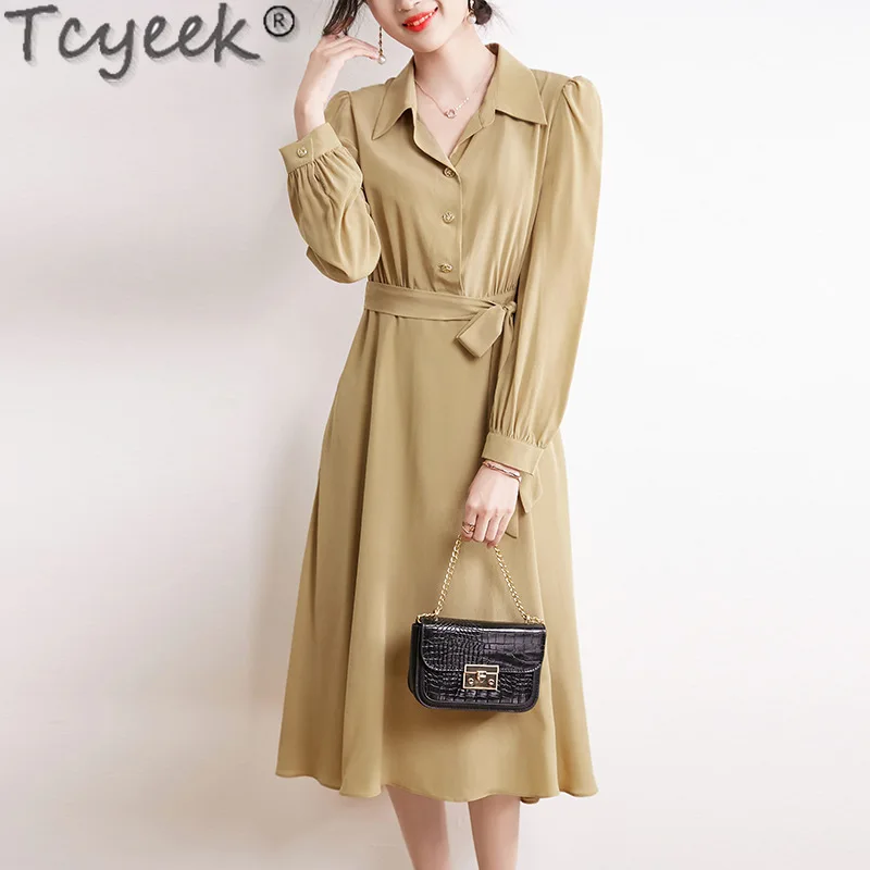 

Tcyeek 16MM 100% Mulberry Silk Dress Women 2024 Lace-up Summer Clothes Fashion Long Dress Elegant Women's Dresses Long Sleeve