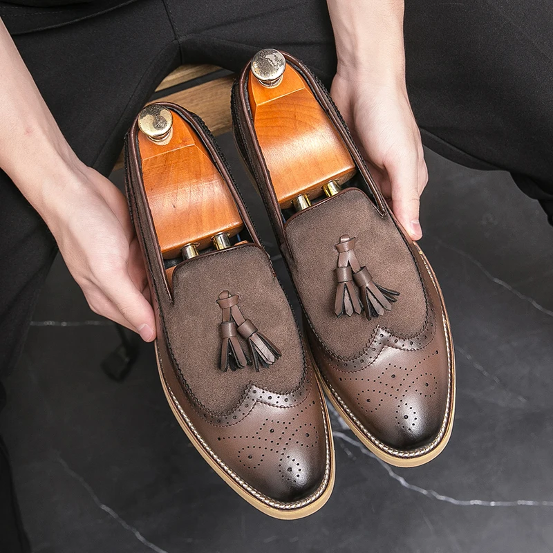 Men Brogues Fashion Tassel Loafers Slip on Designer Wedding Dress Shoes Leather Oxfords Office Business Formal Shoes Big Size 47