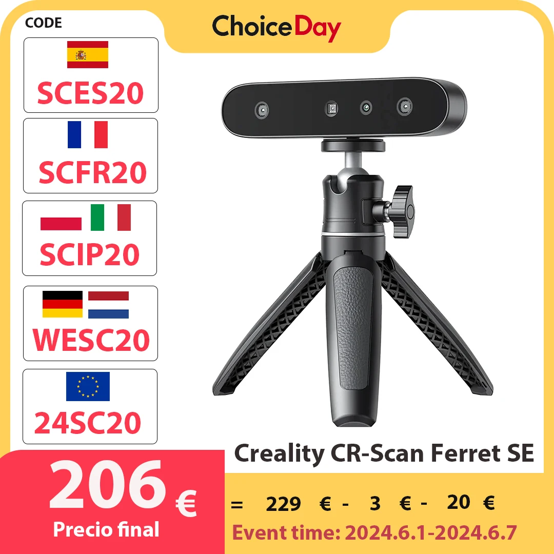 Scanner 3D Creality CR-Scan Ferret SE, Velocidade de digitalização de até 30 fps, precisão de 0,1mm, digitalização colorida de 24 bits, rastreamento anti-agitação