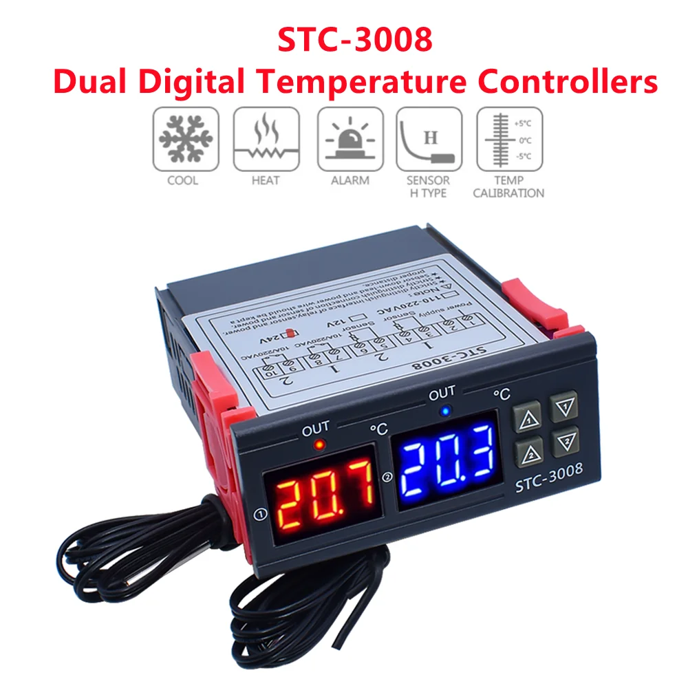 STC-3008 Dual Digital Temperature Controller Two Relay Output 12V 24V 220V Thermoregulator Thermostat Heater Cooler With Probe |