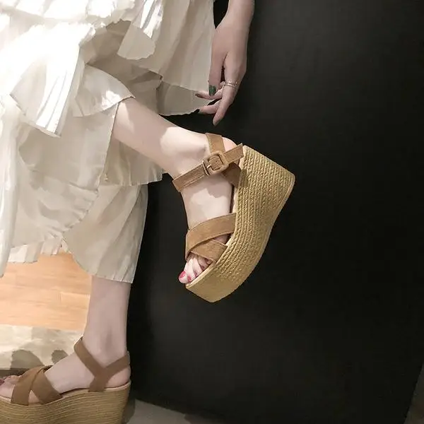 Fashion Womens Shoes Black Platform Sandals With Heel Suit Female Beige Buckle Strap Muffins shoe Luxury Espadrilles platform high heels sandals platform sandals ankle buckle sandals