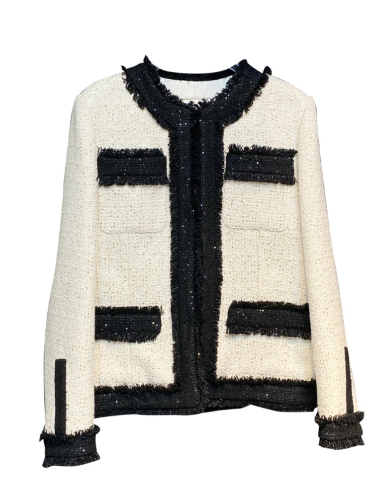 

Luxury Designer Winter Clothes Korean Fashion Elegant Chaqueta Mujer White Black Patchwork Jackets for Women Beige Wool Coat