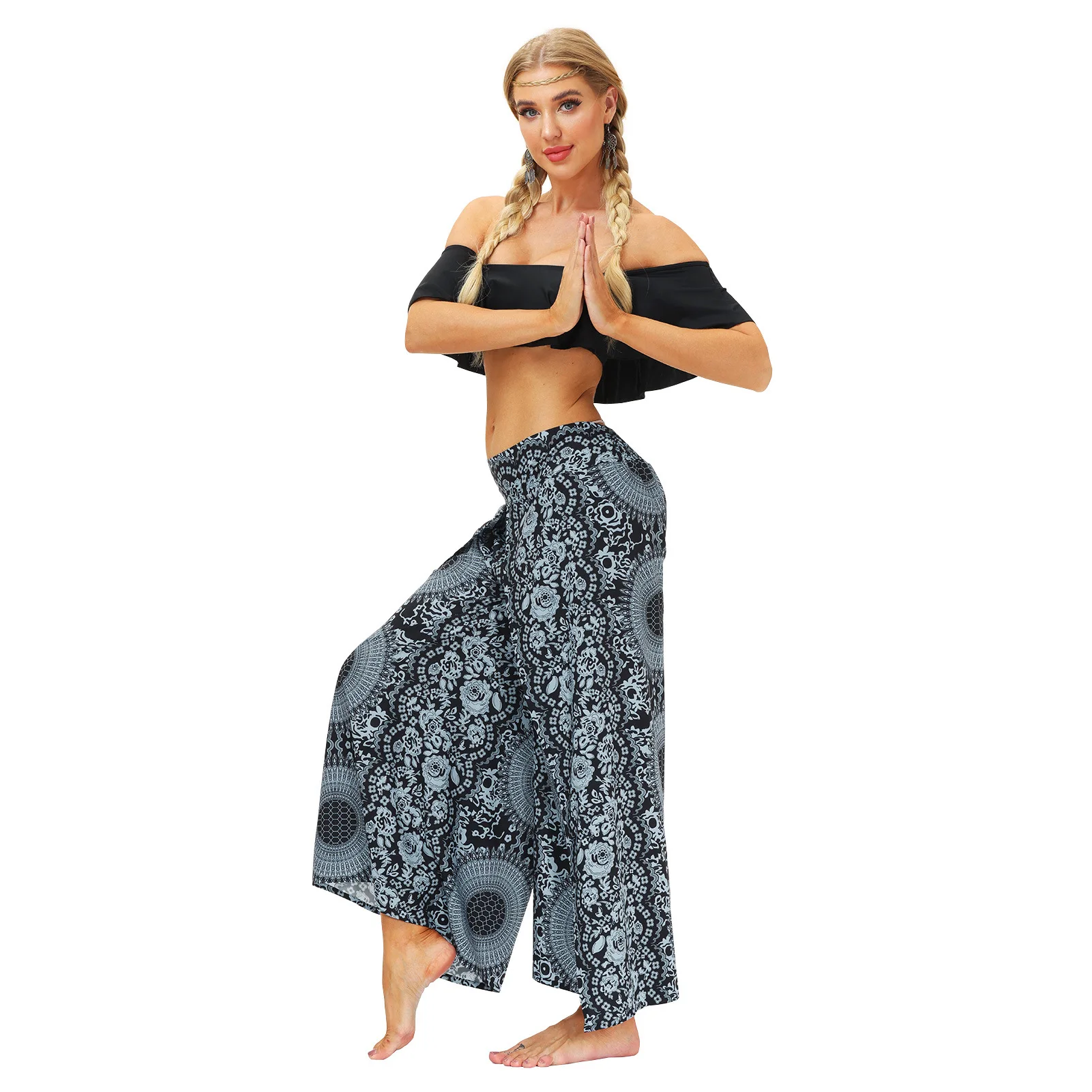 Women Fashion Simple Printing Hippie Pants,Harem Pants Slit Wide Leg Casual Yoga Pants