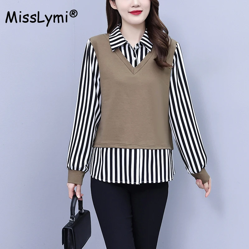 

Elegant T-shirts Large Size Women's Clothing Autumn 2023 Turn-down Collar Long Sleeve Stripe Shirt Patchwork Fake Two Piece Tops