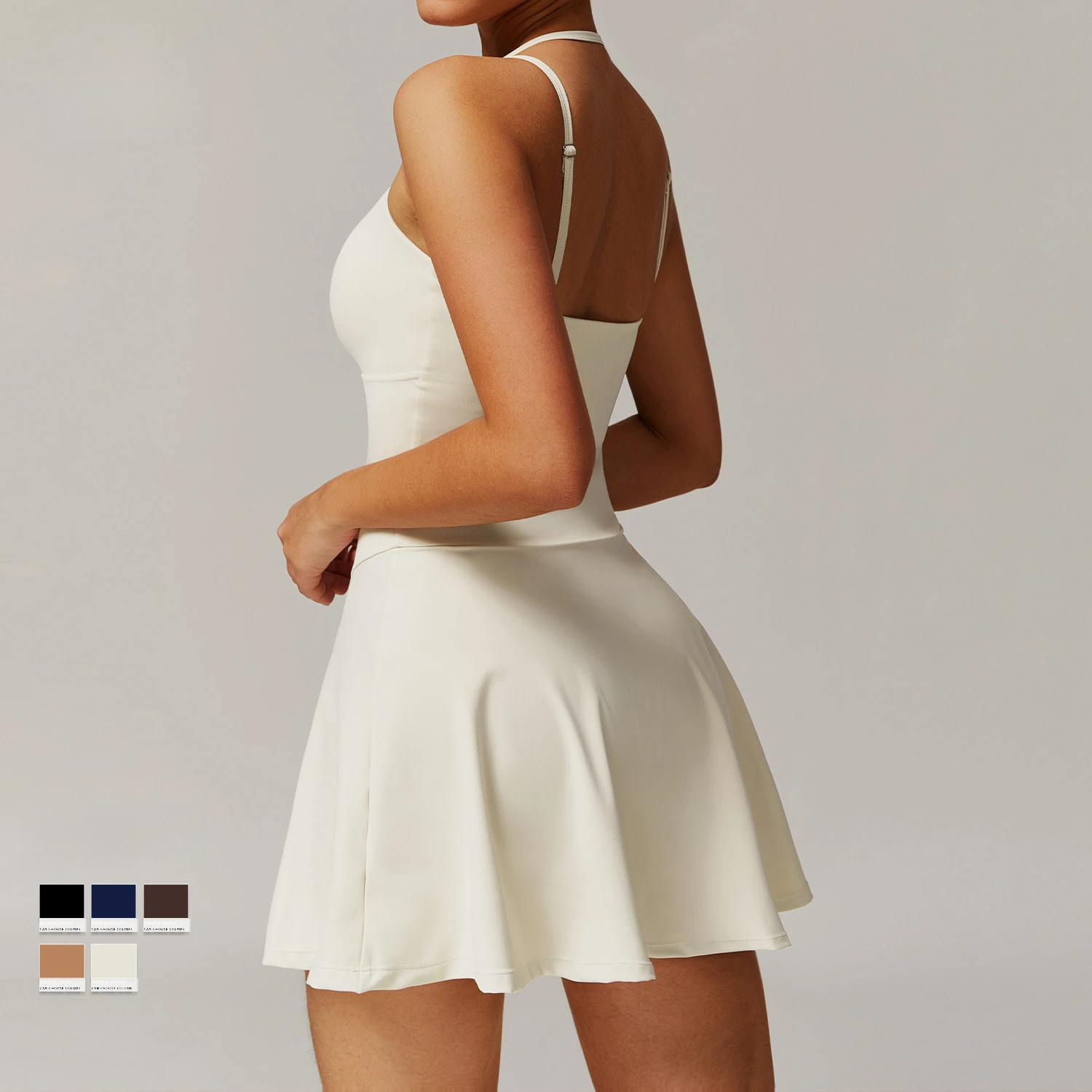 Tennis Dress with Shorts Underneath Pockets Strap Dress Sporting Tennis Outfit Women Gold Wear Sport Dresses Badminton Clothing
