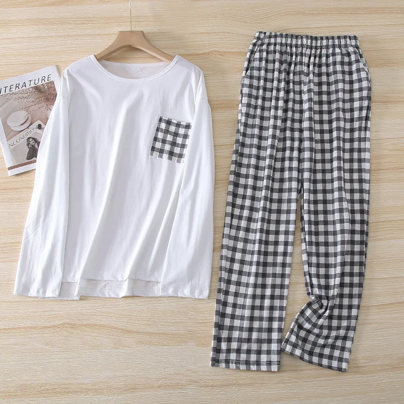 

Хлопковая Минималистичная женская пижама с круглым вырезом и карманами Топ с длинным рукавом клетчатые брюки комплект из двух частей Повседневная Бесплатная доставка Акция