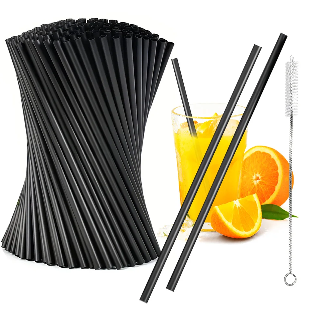 100Pcs Black Thin Straw W/ Straw Brush Beverage Drink Tube Flexible Plastic Straw Milkshake Straws Wedding Party Supplies Straw