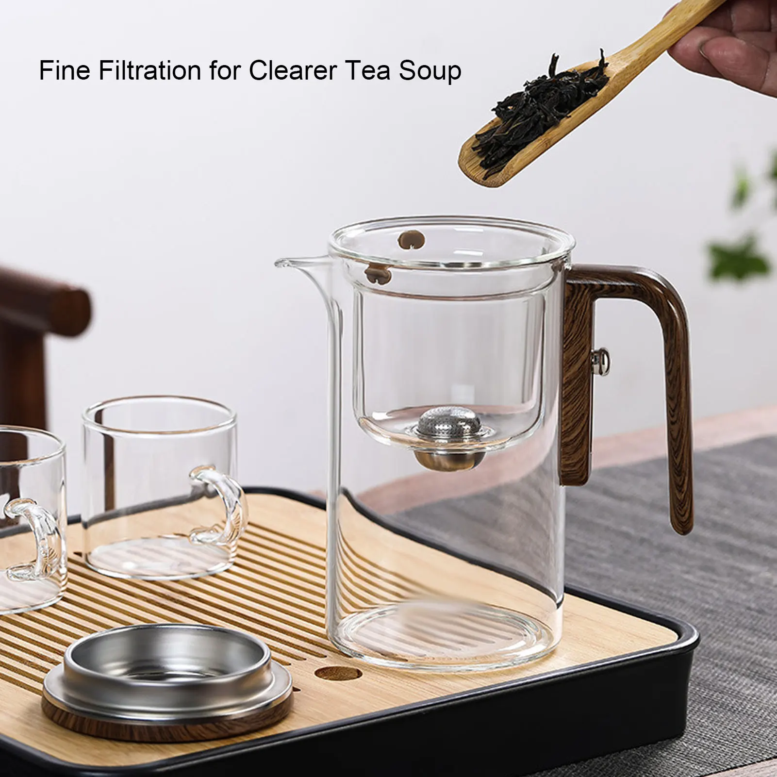 Clear Tea Pot Water Separation Glass Teapot with Strainer 800ml Clear Tea Pot with Wooden Handle Secure Lid Magnetic