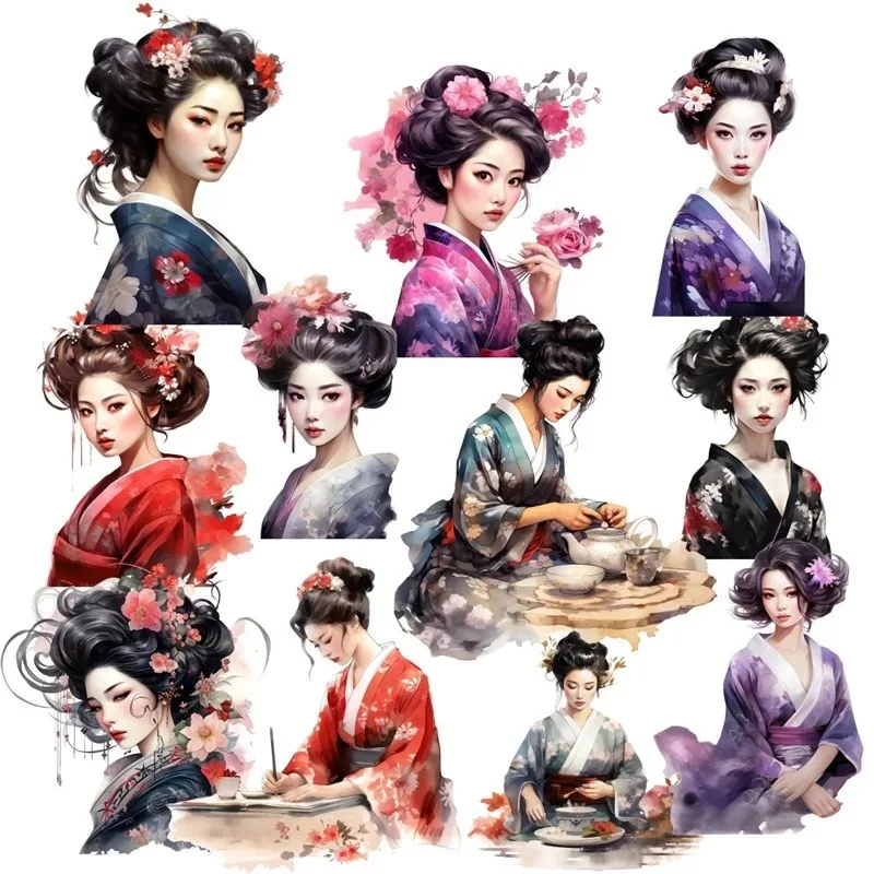Niedliche japanische Geisha und Kimono-Mädchen im Aquarell-Stil, Schreibwaren-Aufkleber zur Journal-Dekoration, Wasserfest und für Scrapbooking