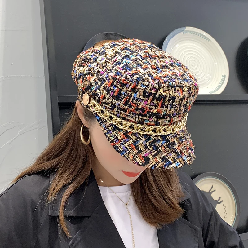 

Простая модная весенне-осенняя женская шапка Красивая затеняющая шапка в иностранном стиле корейская модная плоская шапка с золотой цепочкой восьмиугольная шапка