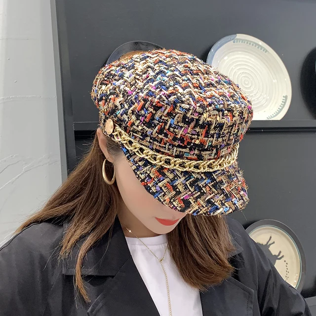 Simple Fashion Spring and Autumn Women's Hat Foreign Style Beautiful Shade Hat Korean Fashion Gold Chain Flat Hat Octagonal Hat 1