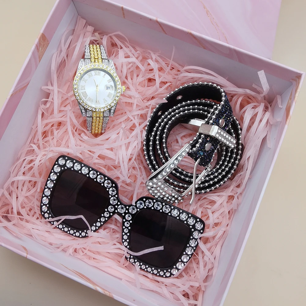 3Pcs Women Diamond Watches Set Ladies Luxury Bracelet Watches Female Clock with Punk Rhinestones Belt and Sunglasses Gift Box