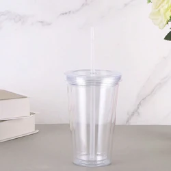 Reusable 450ml Double - Layer Transparent Drinking Cup with Lid and Straw (Transparent white)