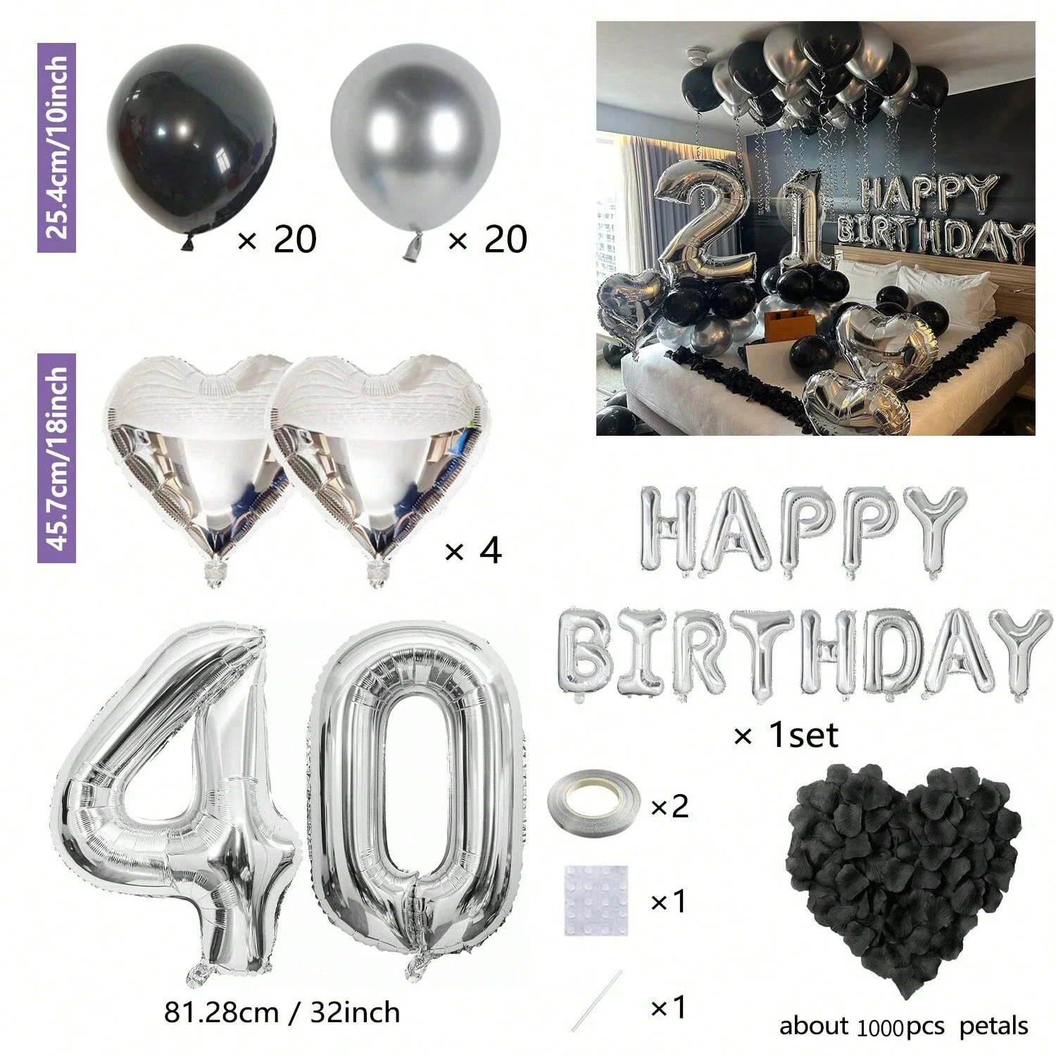 55 schwarze und silberne Luftballons + 1000 Blütenblätter, silbernes Happy Birthday-Banner, silberne Chrom-Luftballons, Partydekoration für Kinder und Erwachsene – Detail 25