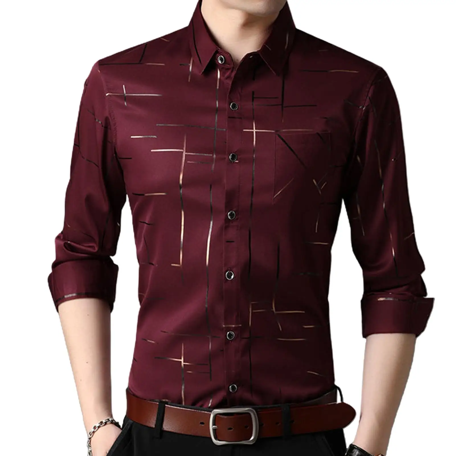 

Slim Men Shirt Dress Long Sleeve Turn Down Collar Stripes Single-breasted Polo Business Shirt Top