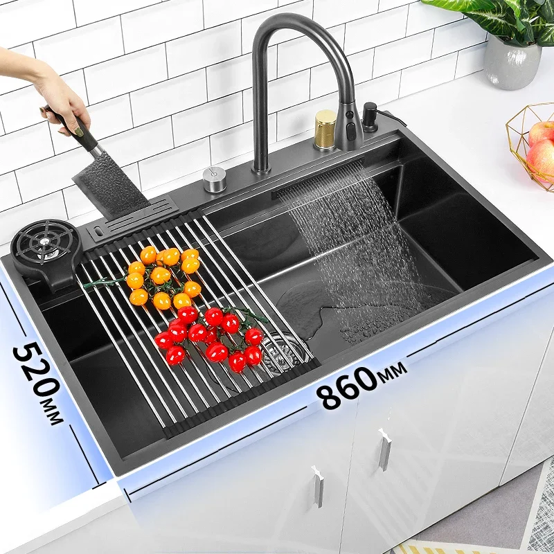 Black Nano 304 Stainless Steel Waterfall Kitchen Sink  Large Single Slot Wash Basin with Multifunction Touch Waterfall Fauce