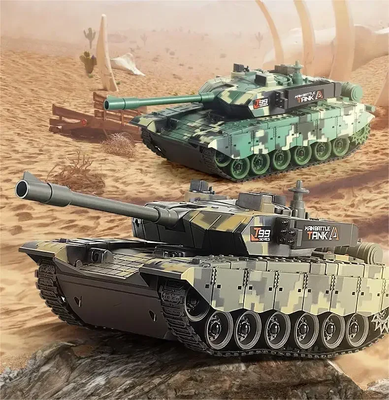 Robot Tank RC 11CH Vert en mouvement soulevant de la poussière, démontrant sa puissance tout-terrain.