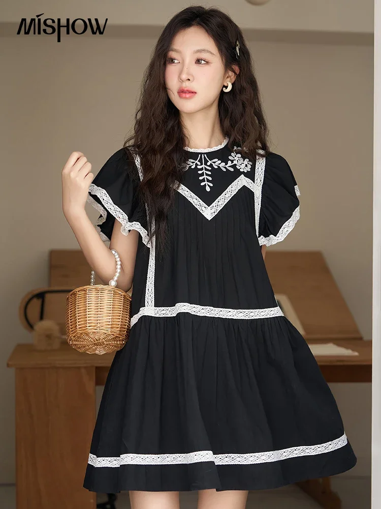 MISHOW Lace Embroidery Dress for Women 2023 Summer Flying Sleeve Contrast  Color O Neck Fashion Knee-Length Dresses MXC39L1562 - AliExpress 200000345