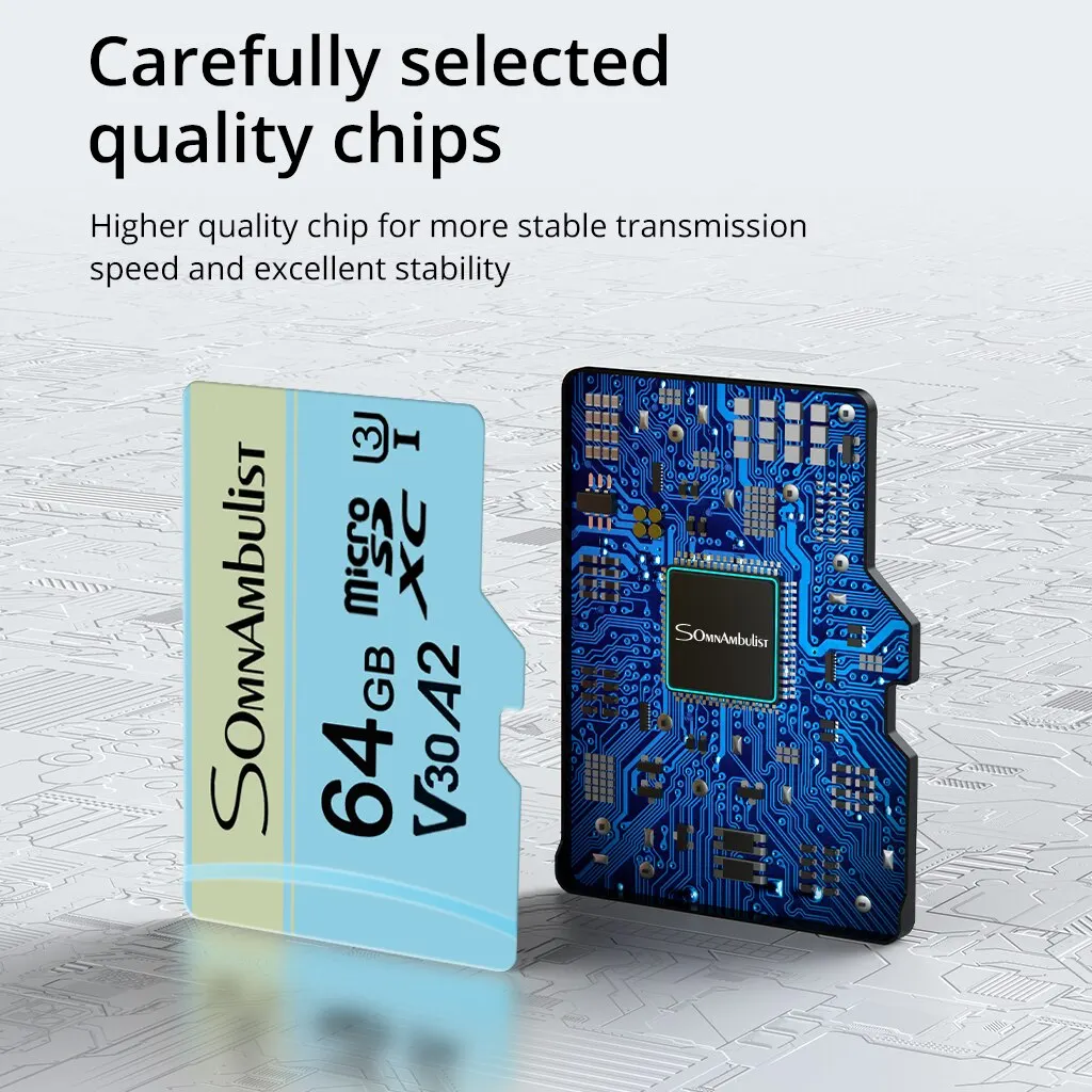 SomnAmbulist 휴대 전화 컴퓨터용 마이크로 SD 카드, 드론 감시 장치 카메라, 64GB A2 메모리 카드, Class10 U3 4K, 64GB