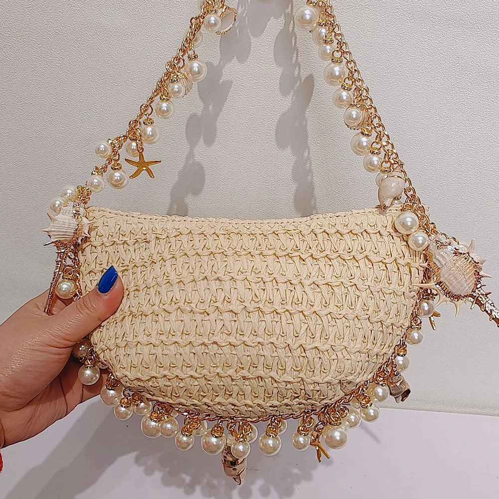Women Elegant Straw Shoulder Bag Breathable Trendy Beaded Shoulder Bag Handwoven Shiny Pearl Clutch Bag Seaside Soft Clutch