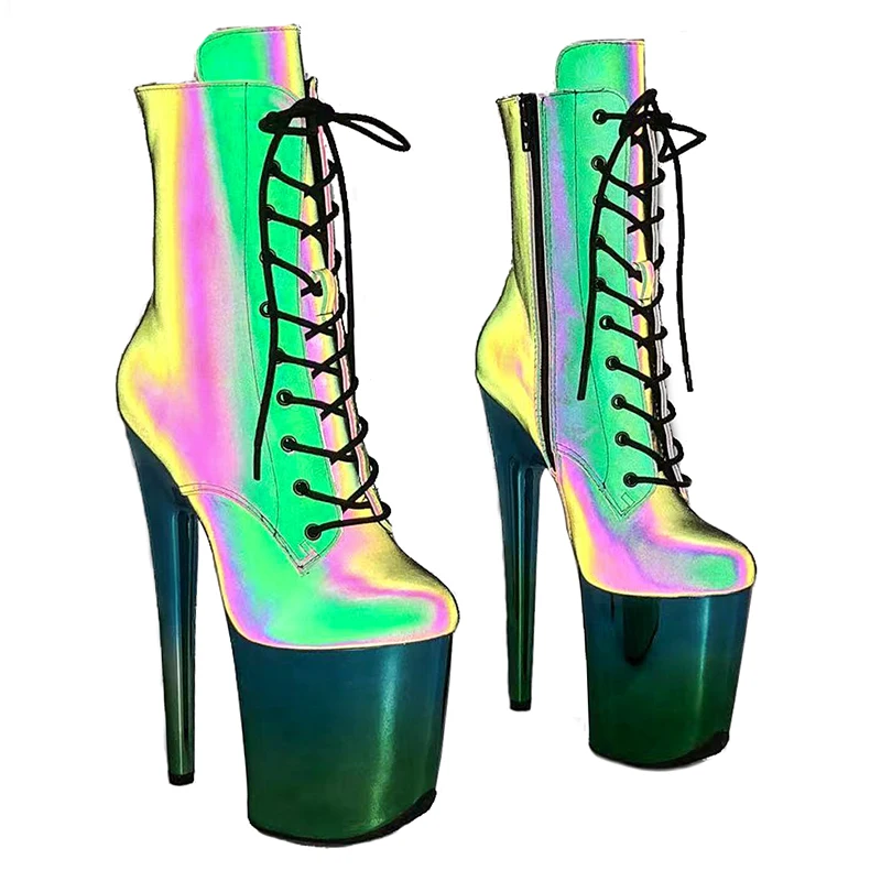 Leecabe 20CM/8inches  Reflective material PU upper  High Heel platform Boots  Pole Dance boots