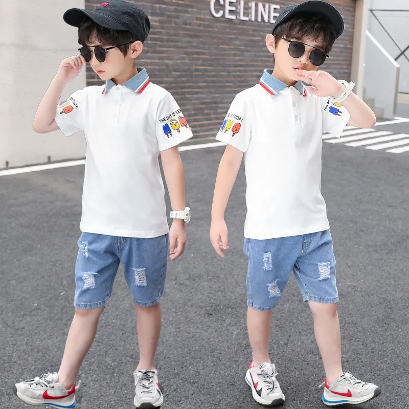 

2022 Summer Boys Clothing Set Teenagers Clothes Sport Suit Fashion Casual Short Sleeve O-Neck Children 2 Pieces T-Shirt + Jeans