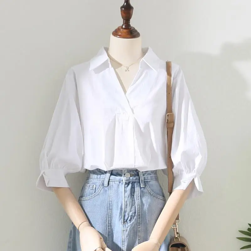 

2024 New Summer Simplicity Sweat Loose Casual Office Lady Women's Shirt Solid Color Cotton Linen Button V Neck Short Sleeve Tops