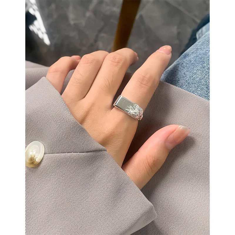 Light luxury design sense geometric square asymmetrical opening ring sterling silver S925 ring