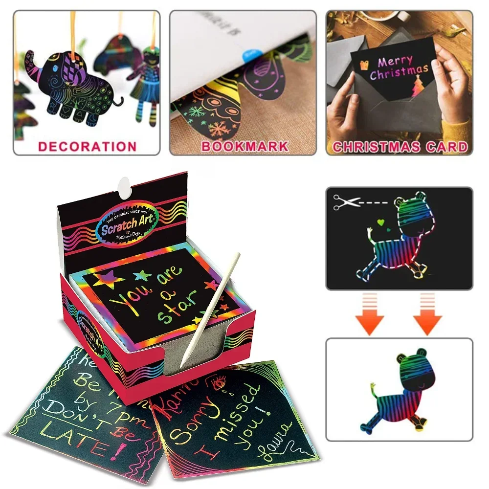 100Pcs Magic Color Rainbow Scratch Mini Notes Paper Pad Cards With Stylus Children Kids Draw Painting Toys Craft Gift  DIY Toys 2