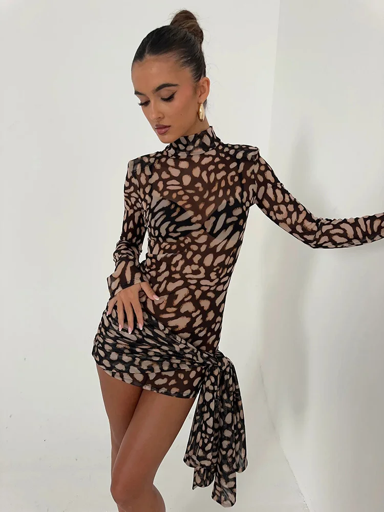 Mozision Mesh Leopard Print Sexy Mini Dress For Women Robe Fashion Turtleneck Draped Ruched High Waist Club Dress Vestido 3