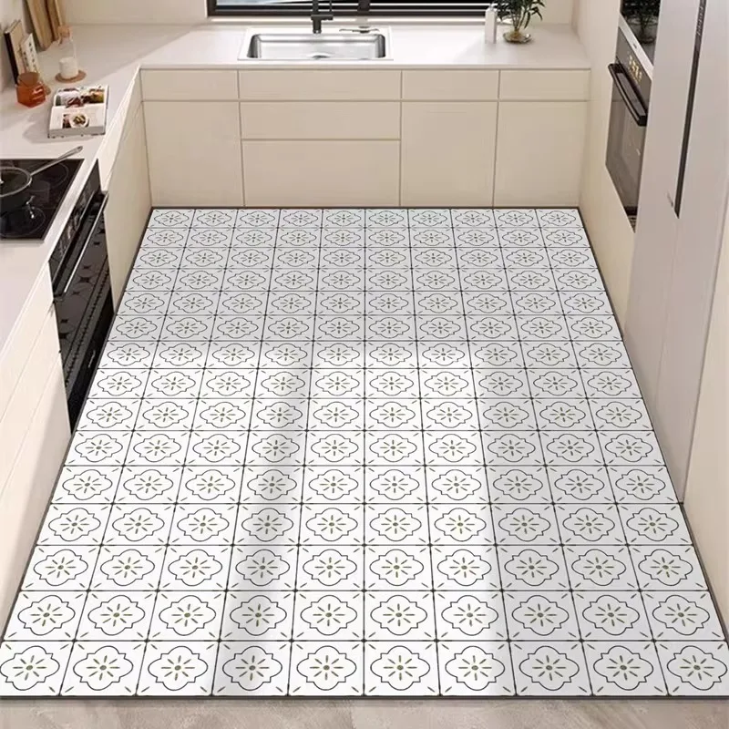 PVC Kitchen Floor Mat European Retro Floral Geometric Waterproof Oil-resistant Bathroom Carpet Firm Non-slip  Balcony Rugs Tapis