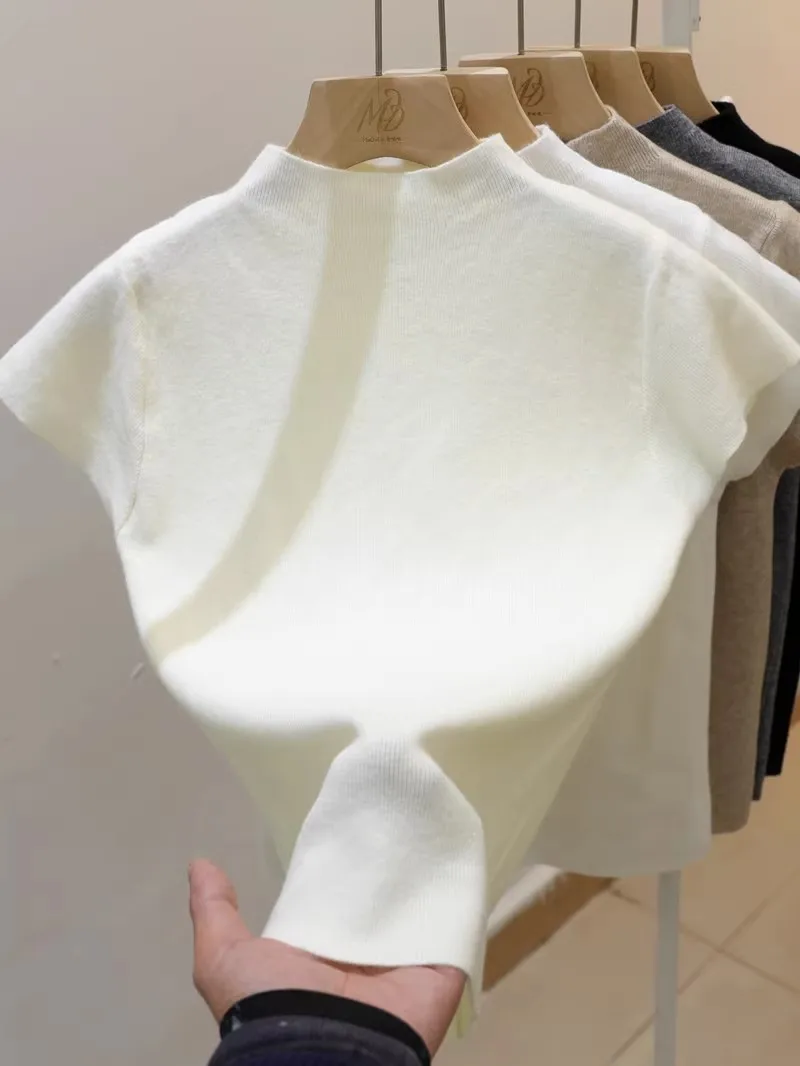 Half Turtleneck Short Sleeve Sweater Women, Solid Elegant Knitted Pullover, White Slim Tops