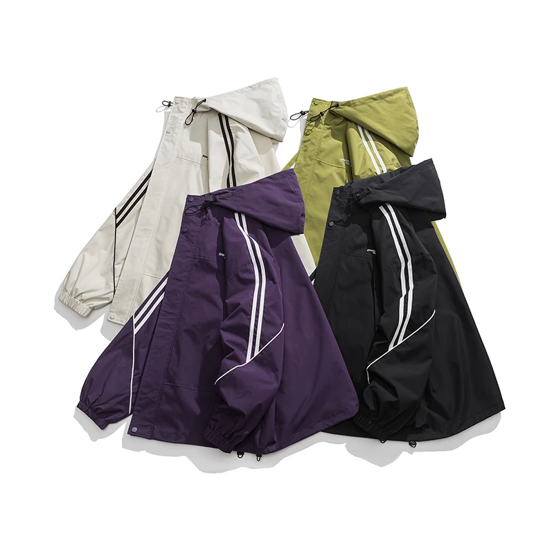 Spring Hooded Jacket Outdoor Solid Color Couple Thin Windbreaker Comfortable Hip Hop Streetwear Zipper Casual Wind-Proof Coat
