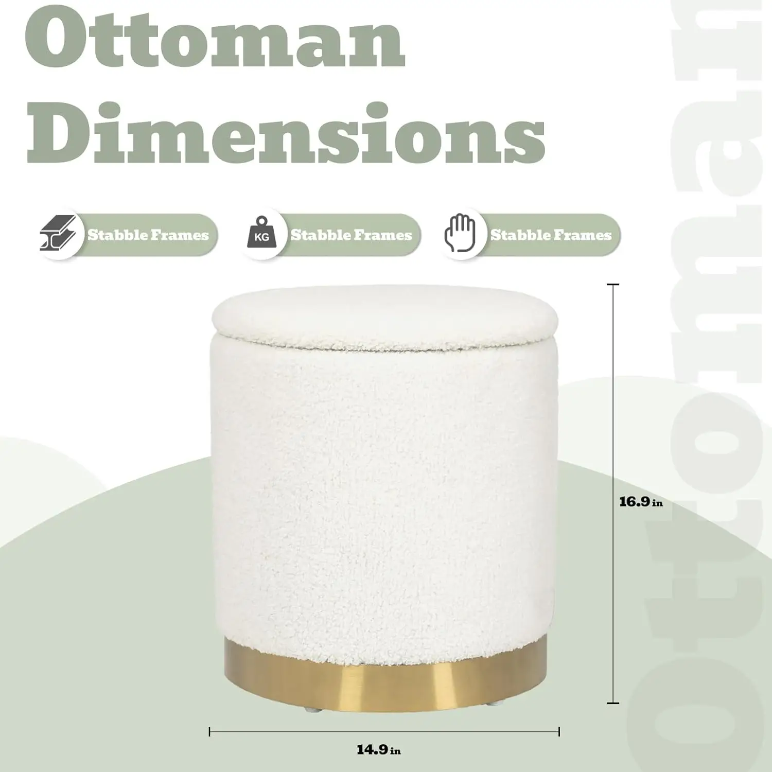 Boucle Round Storage Ottoman with Removable Lid, Small Upholstered Foot Rest Stool with Gold Plating Base