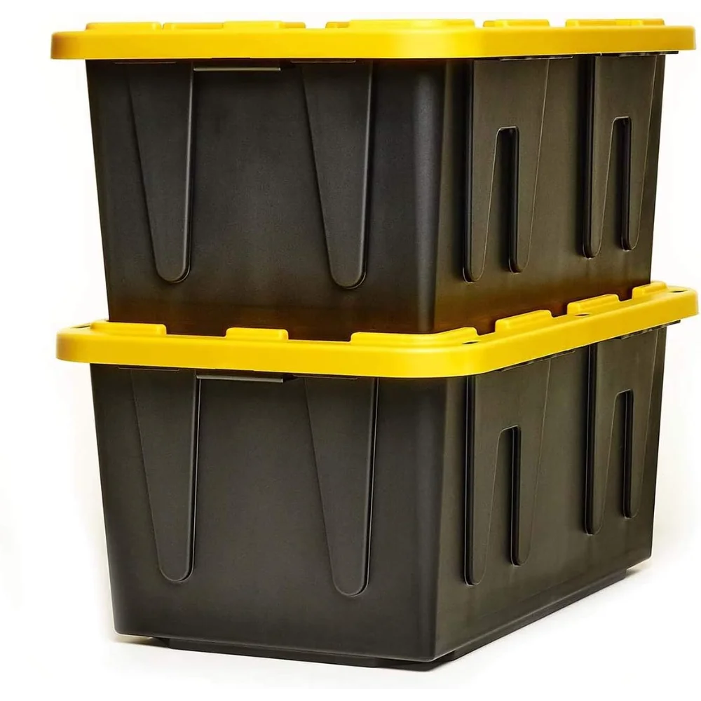 

Homz Durabilt 27 Gallon Capacity Flip Lid Stackable Heavy Duty Tough Storage Container Tote, Black Base with Yellow Lid (2 Pack)