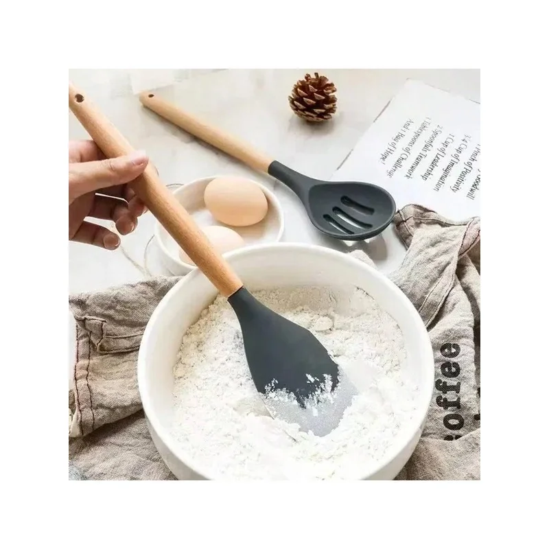 Premium 12-Piece Silicone Cooking Utensil Set with Wooden Handles and Holder – Heat-Resistant Kitchen Essentials