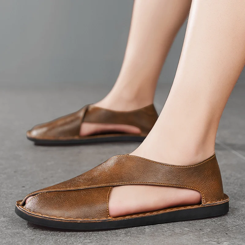 Summer Men's Sandals Handmade Leather Casual Shoes Comfortable Slip-On Beach Shoes Breathable Sandals Loafers Wading Aqua Shoes