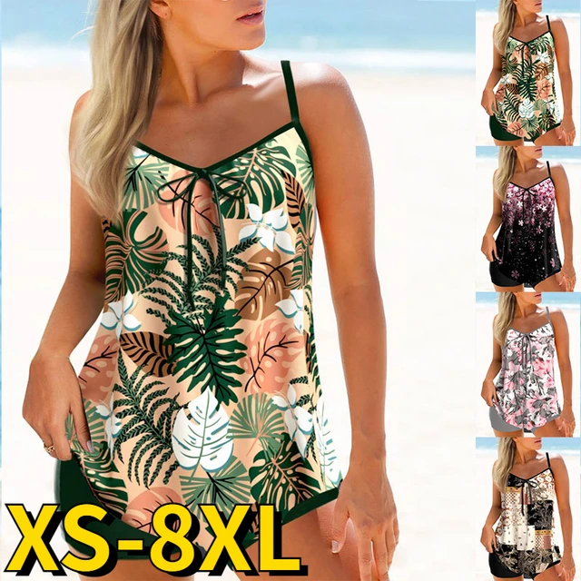 Womens Print Swimwear Top Swimdress Tankini Swimsuits Swimwear Bathing Suit  Plus Size XS-8XL
