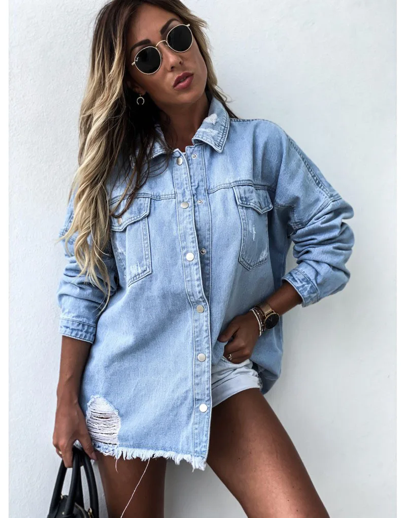 Women Fashion Ripped Mid-length Jeans T-Shirts  Fall New Long Sleeve Denim Tops Sexy Boyfriend Loose Female Thin Coats S-XL
