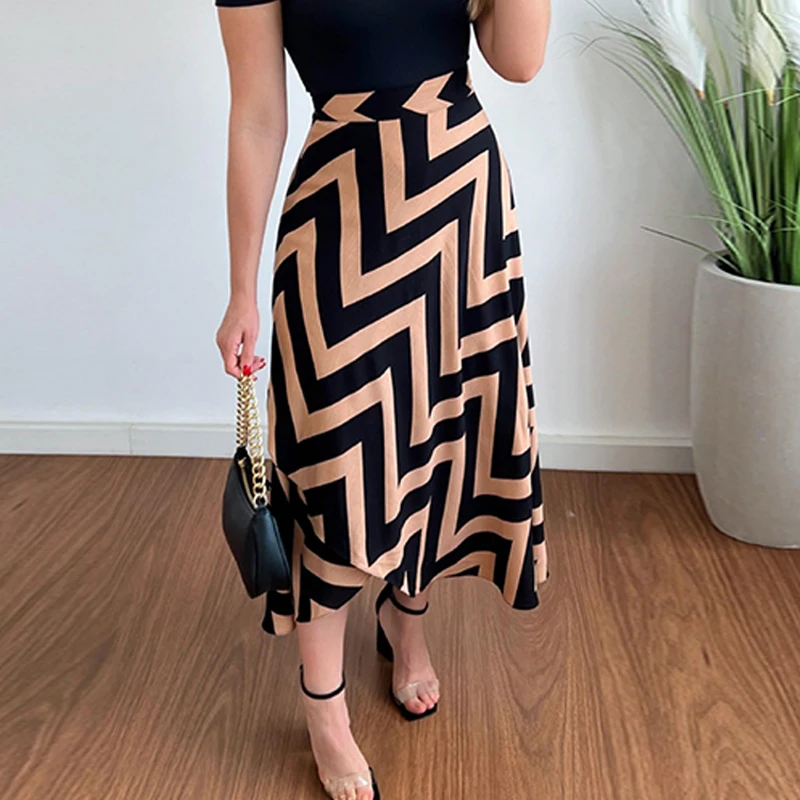 

Women Fashion Graphic Pattern Loose Long Skirts 2024 Elegant High Waist Half Dresses Casual Chic Ladies Pleated Office Skirt
