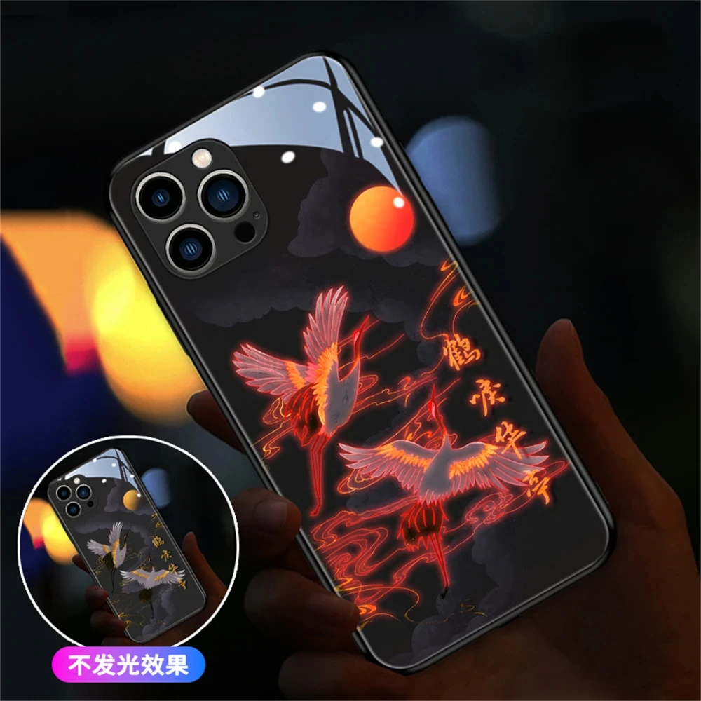 

Immortal Crane Pattern LED Light Phone Case For Samsung S23 Ultra S22 S21 S20 FE Note 20 A54 A14 Glitter Shockproof Back Cover