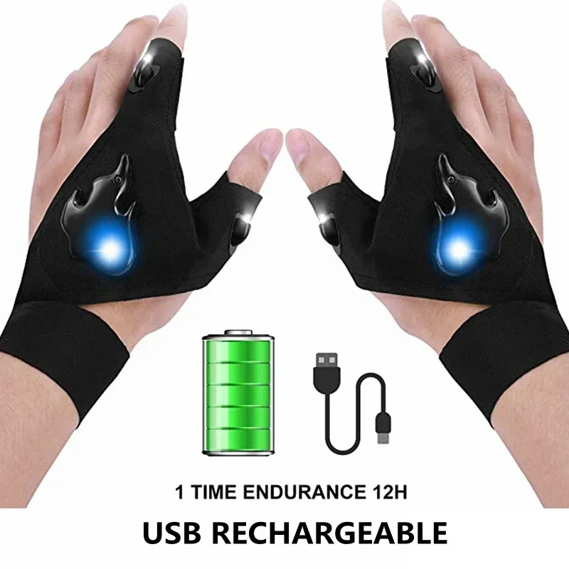 Fishing Gloves LED Flashlight Gloves Rechargeable Hands Free Light Gloves Halloween Christmas Gift Gadgets Tools for Outdoor Camping Fishing