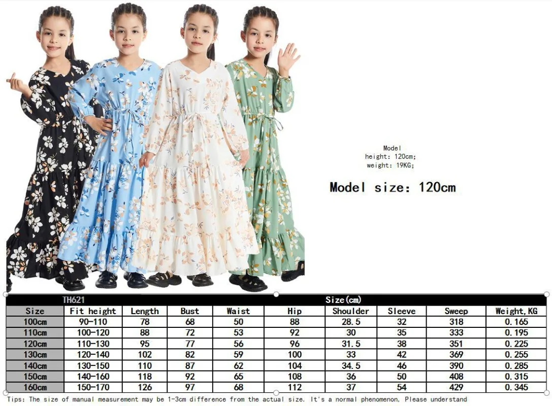 Bohemian Kids Girls Floral Dress V Neck Long-sleeved Tunic Maxi Dress Sweet Loose Comfortable Party Skirt Robe