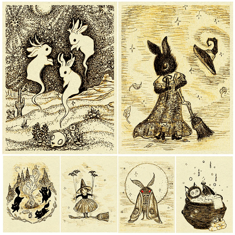 

Rabbit Ghost And Rabbit Witch Vintage Wall Art Canvas Painting Cute Little Witch And Mysterious Creature Art Poster Print Decor