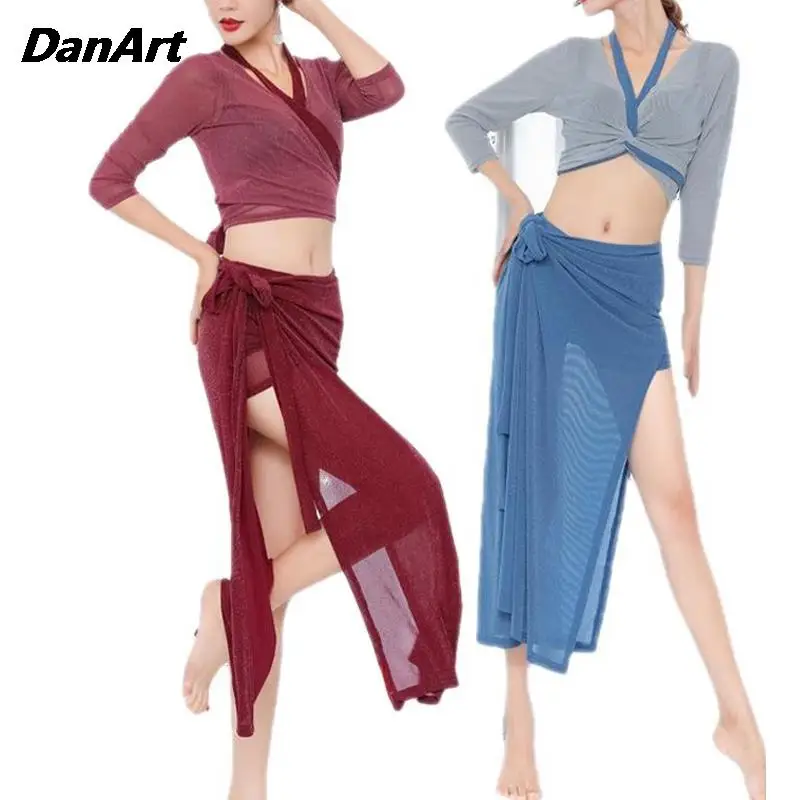 

2024 Women Sexy Mesh Tops and Split Skirt Dance Costume Two piece Costume Bellydance Practice Set Arabic Bellybance Set Clothing
