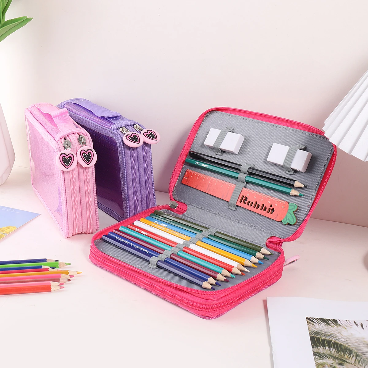 قطعة واحدة من مقلمة لامعة مكونة من طبقتين، مقلمة تخزين أقلام رصاص ملونة للطلاب كهدية لصديق